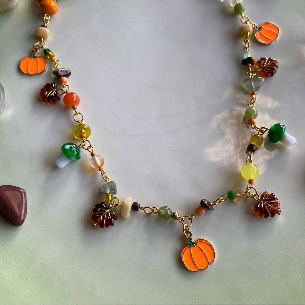 Pumpkin Patch Beaded Charm Necklace Fall Jewelry Mushroom Leaves Leaf Pendant - Picture 4 of 7